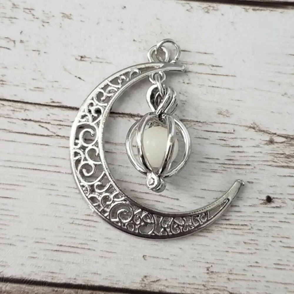 Moon Pendant with Bead Dangle Ornate Silver Tone (No Chain Included)